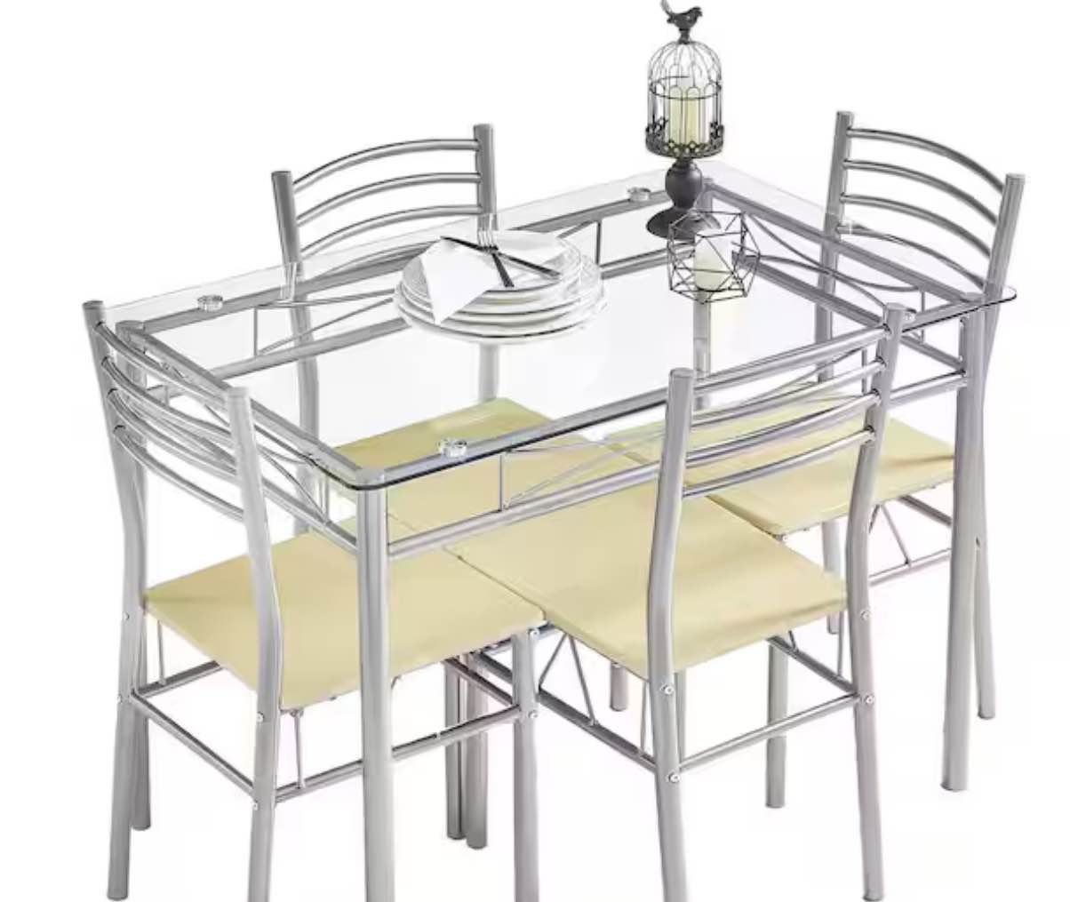  VECELO Dining Table Set, 5 Pieces Dining Set with Tempered Glass Top Table and 4 Chairs For Dining Room, Silver, 