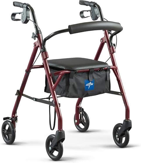Medline Rollator Walker with Seat, Steel Rolling Walker with 6-inch Wheels Supports up to 350 lbs, Medical Walker, Burgundy