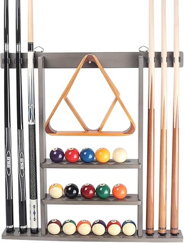 GSE Games & Sports Expert Billiard Pool Cue Stick Hanging Wall Mounting Rack Only, Holds 6 Pool Cue Sticks, Billiard Ball Racks and Full Set of Pool Balls (Silver Mist) Silver Mist 6 Cue, Classic Wall Rack