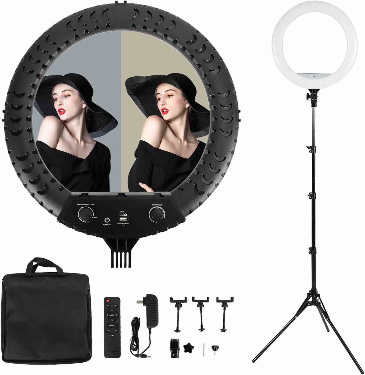 Ring Light - 18 inch 48W Dimmable LED Ring Light Kit with Stand Adjustable 3200-6500 K Color Temperature Lighting for Vlog, Makeup, YouTube, Photo,Camera,Video - Control with Remote