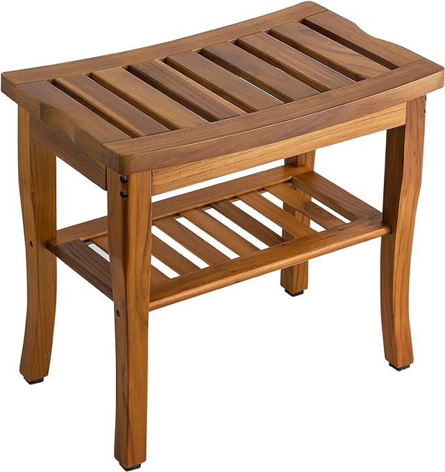 VaeFae Teak Shower Bench, Spa Bath Shower Stool with Storage Shelf, Wooden Seat Stool for Bathroom