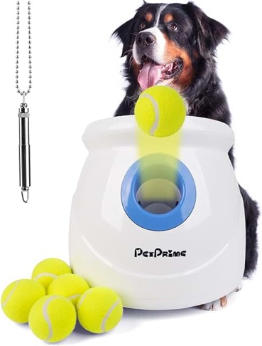 PetPrime Dog Automatic Ball Launcher Dog Interactive Toy Dog Fetch Toy for Large Dogs Throwing Game Launch Distance 10-40ft - Luxurious Version(Included 6 PCS 2.5” Tennis Balls and a Dog Whistle)