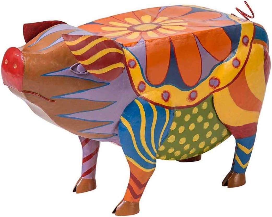 Plow & Hearth Handmade Colorful Painted Folk Art Design Metal Pig Side Table Accent Functional Artwork for Patio, Porch, Deck and Sunroom, 25.5 L x 10 W x 16.50 H