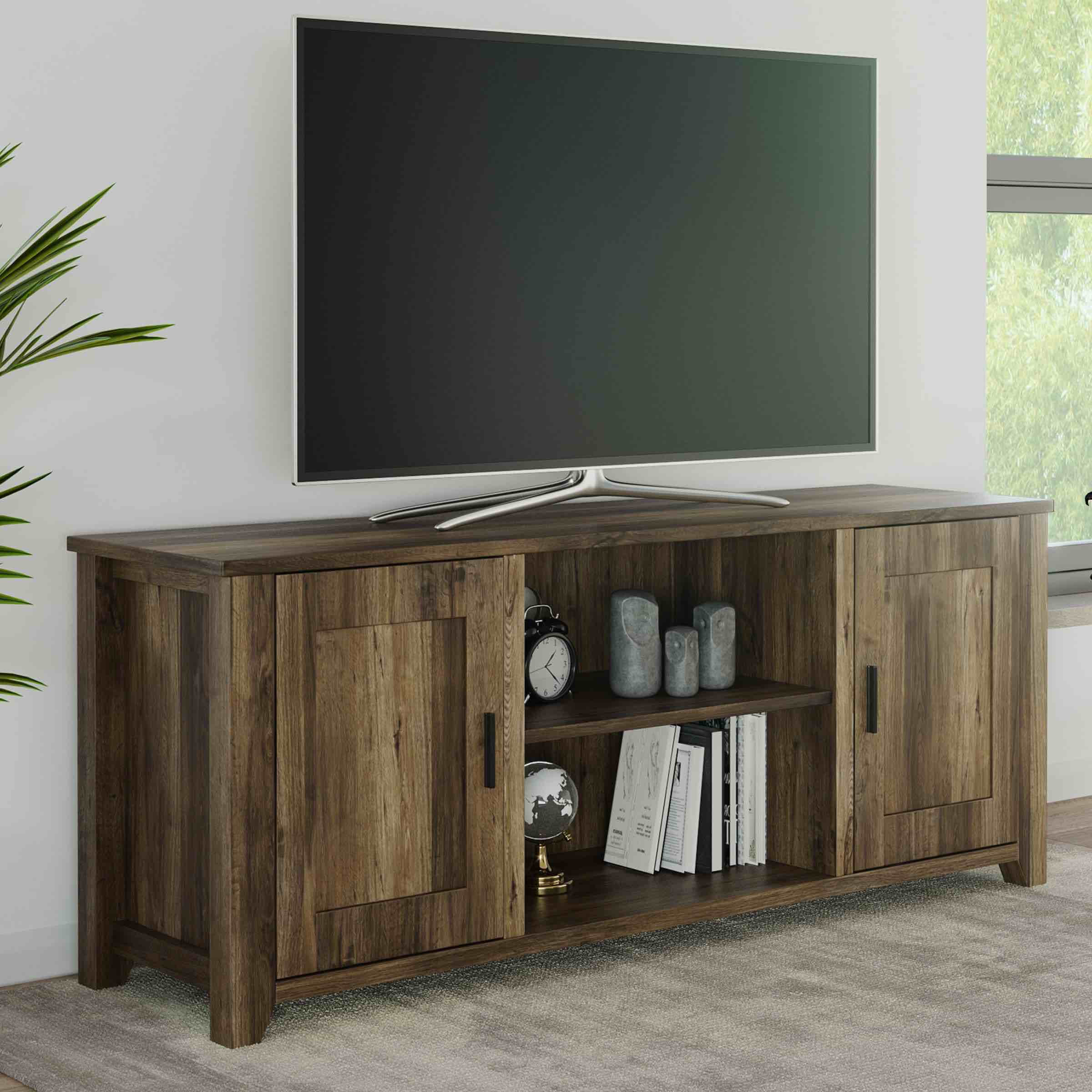 Lavish Home 65-inch TV Stand – 2-Door Entertainment Center, Adjustable Media Console Shelves, Cable Management, and Farmhouse Style, Brown Woodgrain