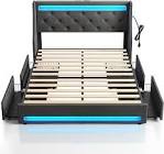 Rolanstar Queen Bed Frame with LED Lights and Charging Station, Upholstered Bed with Drawers, Wooden Slats, Noise Free, Easy Assembly, Dark Gray