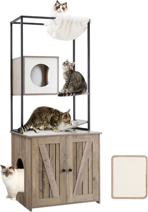 DWANTON Cat Tree with Litter Box Enclosure, All-in-one Modern Cat Tower with Condo, Hammock, Food Station, Scratching Mat, Washable Cushions, Reversible Entrance, 57.9-Inch, Greige