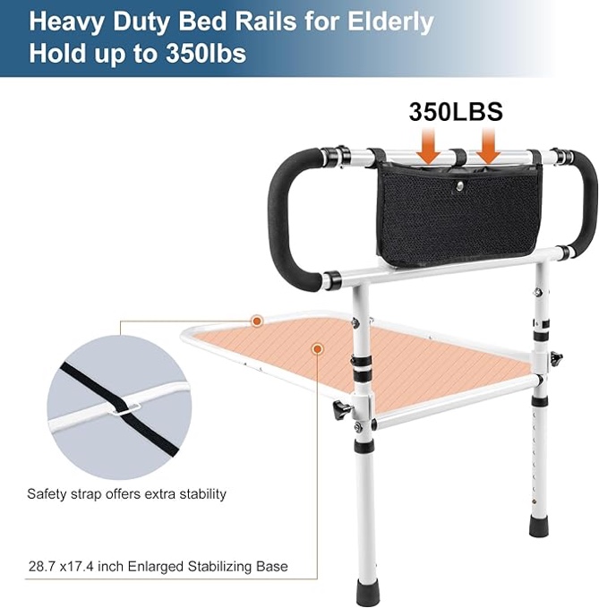 HEPO Bed Rails for Elderly Adults with Adjustable Heights & Extendable Dual Side Handles, Foldable Bed Assist Bar for Fall Prevention, Heavy Duty Bed Rail Fits King, Queen, Full, Twin Bed