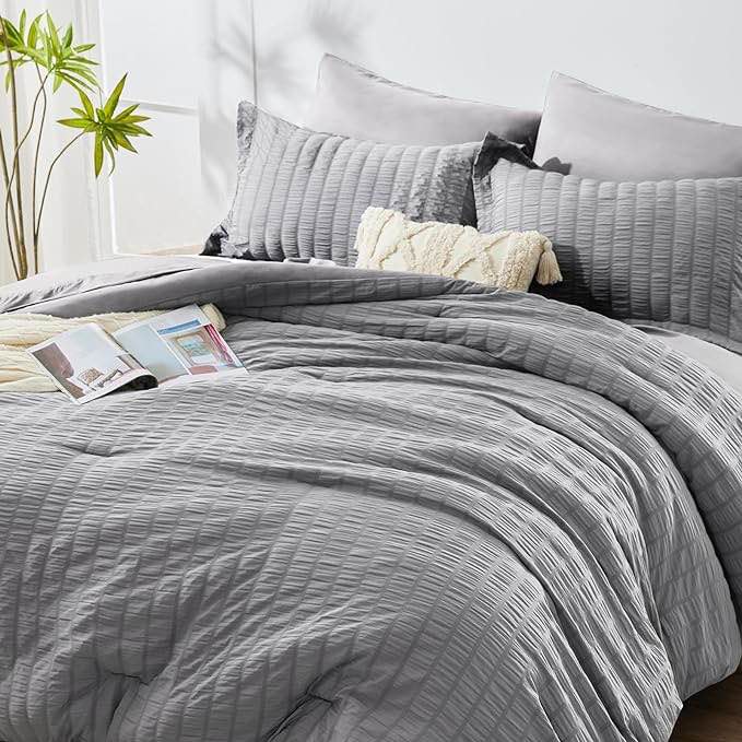 CozyLux Full/Queen Bed in a Bag Light Grey Seersucker Textured Comforter Set with Sheets 7-Pieces All Season Bedding Sets with Comforter, Pillow Sham, Flat Sheet, Fitted Sheet and Pillowcase