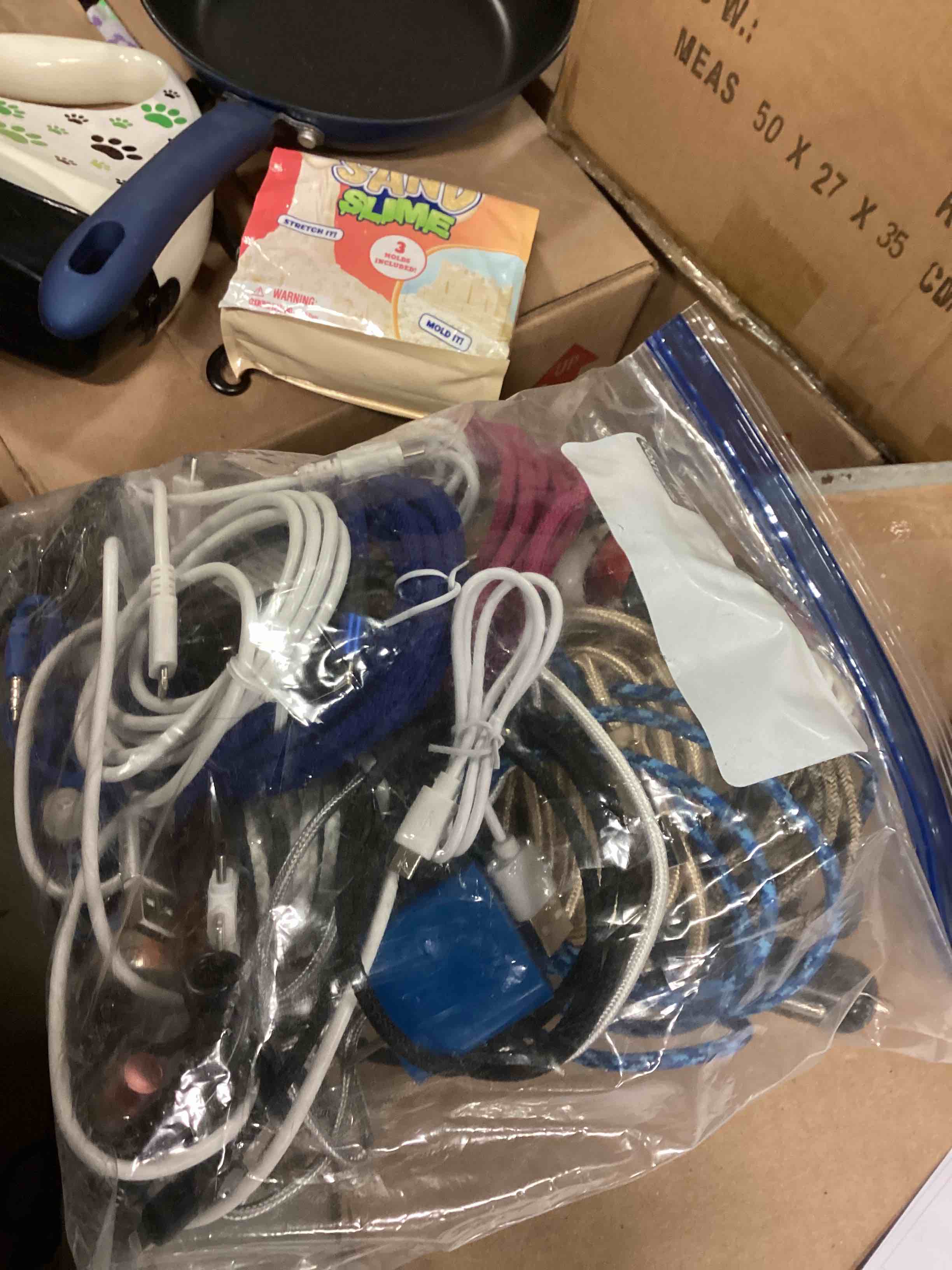 ASSORTMENT OF BIRTHDAY DECORATIONS, GLOVES, CHARGING CABLES, FRY PAN, READ GLASSES AND MUCH MORE