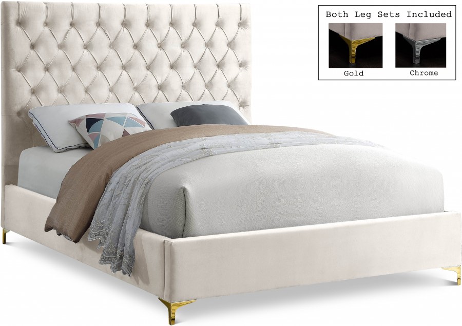 Meridian Furniture Cruz Collection Modern | Contemporary Velvet Upholstered Bed with Deep Button Tufting and Complete Sets of Gold and Chrome Legs Included, Queen , Cream