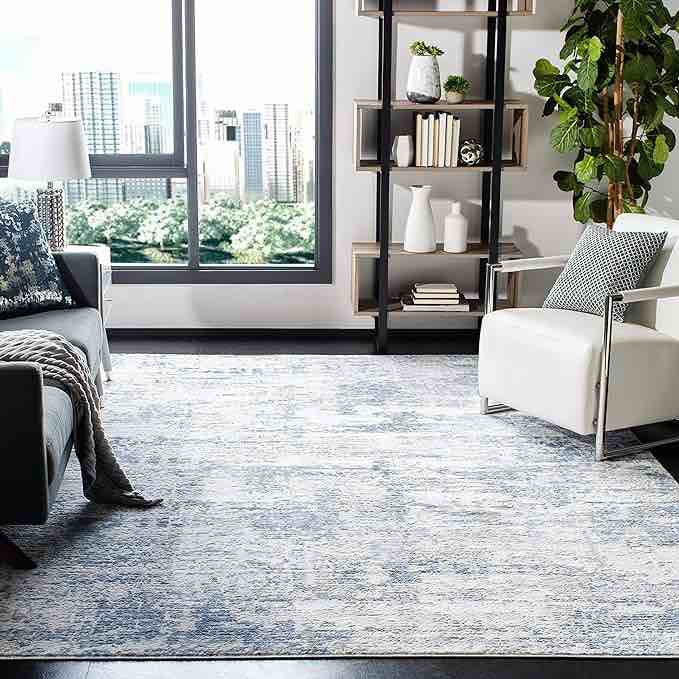 Ivory & Blue, Modern Abstract Design, Non-Shedding & Easy Care, Ideal for High Traffic Areas in Living Room, Bedroom
