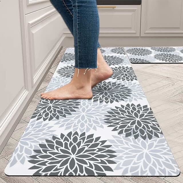 HEBE Cushioned Kitchen Rug Sets 2 Piece with Runner Washable Kitchen Rugs and Mats Set Non Slip Kitchen Floor Mat Waterproof Laundry Room Rug Runner for Entryway Hallway Floral Area Rug