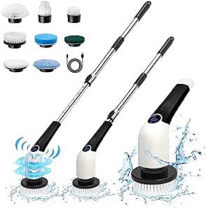 Electric Spin Scrubber, 360 Cordless Powerful Scrub Brush for Cleaning Bathroom, Kitchen, Shower Tub and Floor Tile with Adjustable Extension Long Handle and 8 Replaceable Rotating Brush Heads(Rose)
