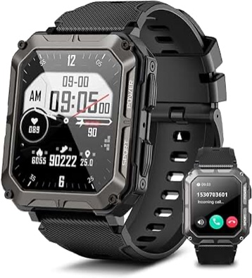 1.96" Military Smart Watch for Men with Bluetooth Call, Waterproof Outdoor Fitness Tracker with Sleep/Heart Rate/SpO2/Stress Monitor, Voice Assistant, Pedometer Compatible with Android/iOS Phones.