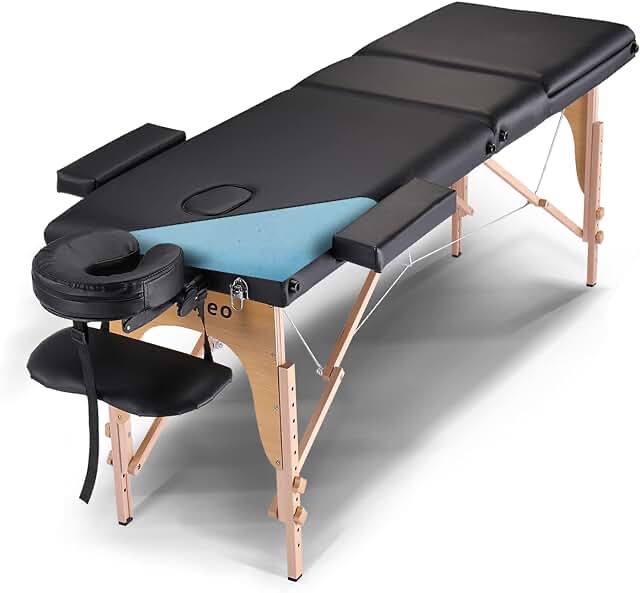 Portable Massage Table 3 Folding Massage Bed Professional SPA Reiki Eyelash Salon Bed, Wooden Frame Height Adjustment & Accessories, Black