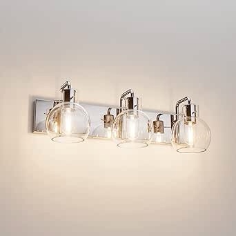 Tipace Modern Bathroom Vanity Lighting Fixtures 3-Lights Industrial Stainless Steel Chrome Finish with Globe Clear Glass Vanity Lights Farmhouse Bath Lighting(Exclude Bulb)