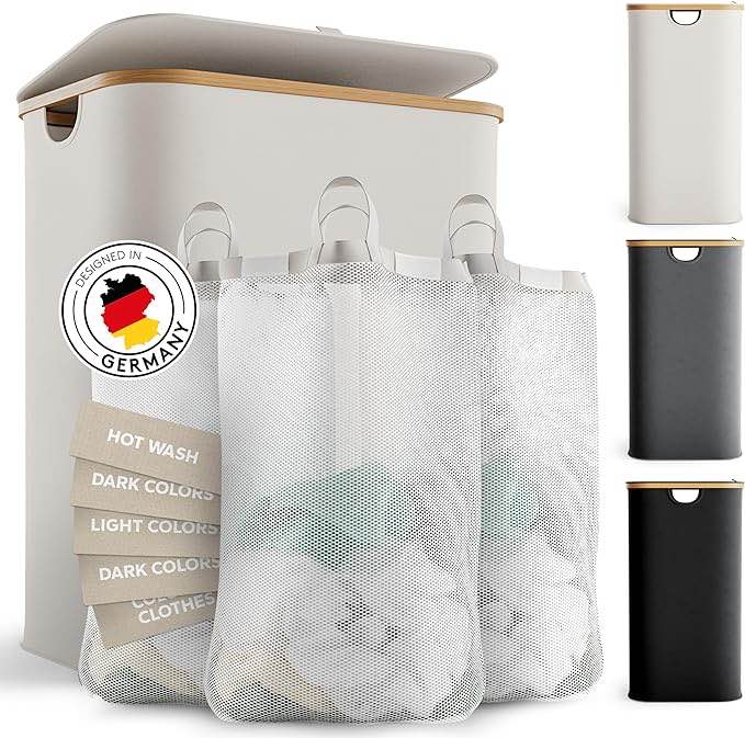 EDELFELD - Laundry Hamper with Lid [150L] - Collapsible Laundry Basket with Lid and 3 Sections - Large Hampers for Laundry with Removable Washing Bags - Freestanding Clothes Hampers for Laundry Beige