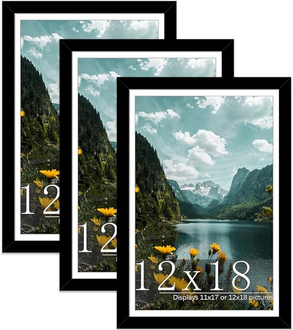 Picrit 12x18 Picture Frame 3 Pack, Black Poster Frame, Display Poster 11 x 17 with Mat or 12 x 18 Without Mat for Horizontal or Vertical Wall Mounting