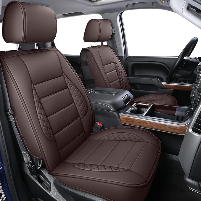 LUCKYMAN CLUB D04-S2-2 Silverado Seat Covers, Fit for 2019-2024 Chevy Silverado GMC Sierra 1500 and 2020-2024 2500HD 3500HD Crew Cab Water Proof Faux Leather(Full Set, Brown)