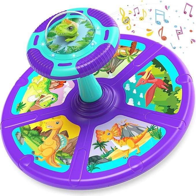 Dinosaur Sit and Spin Toys with LED Light and Music, 360° Spin Activity Toy for Toddlers Ages Over 18 Months, for Kids, Girls and Boys