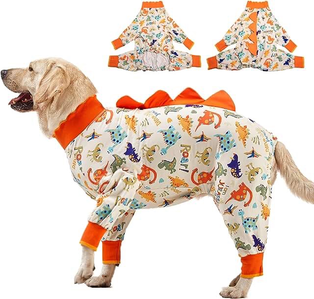 LovinPet Big Dog Onesie, Large Dog Pajamas, Anti Licking, Post Surgery Recovery Dog Clothes, Large Dog Jammies,Lightweight Stretch Jersey Knit Jurassic Blue Prints Dog Clothing, UV Protection/3XL