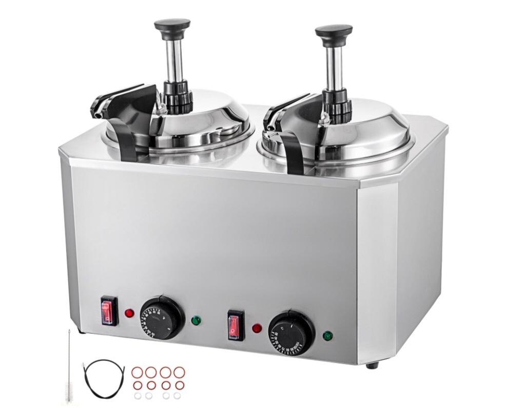 VEVOR Cheese Warmer with Pump, 5.28 Qt Capacity Cheese Dispenser Hot Fudge Warmer, Dual Head Spout Heater 1300 W Cheese Warmer Dispenser, 30-110? Temp Adjustable 110 V Heated Pump Dispenser