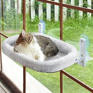 AMOSIJOY Cordless Cat Window Perch, Cat Hammock for Wall with 4 Strong Suction Cups, Solid Metal Frame and Two Replaceable Covers, Foldable Cat Beds for Indoor Cats (Large-Cushion Bed-Gray)