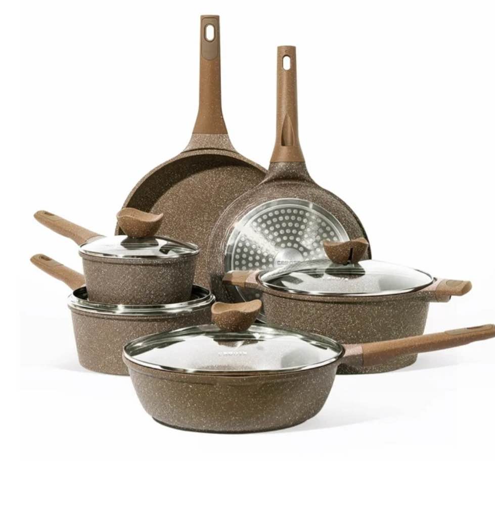 Carote Nonstick Cookware Sets, 10 Pcs Pots and Pans Set Nonstick, Healthy Non Stick Induction Stone Cookware Kitchen Granite Cooking Set w/Frying Pans & Saucepan, PFOS, PFOA Free (Brown Granite)