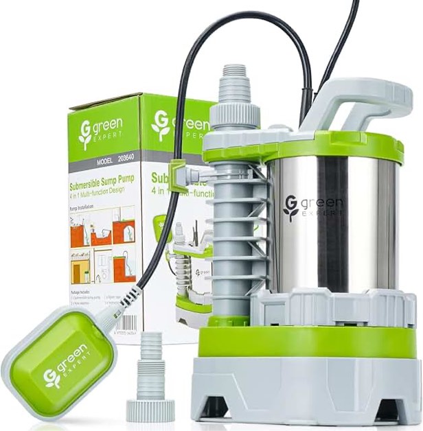 Green Expert 1.5HP Poweful Sump Pump Max 5500GPH High Flow 4-IN-1 Adjustable Float Switch and Pump Base Manual Automatic ON/OFF Switchable for Clean Dirty Water Removal 203640