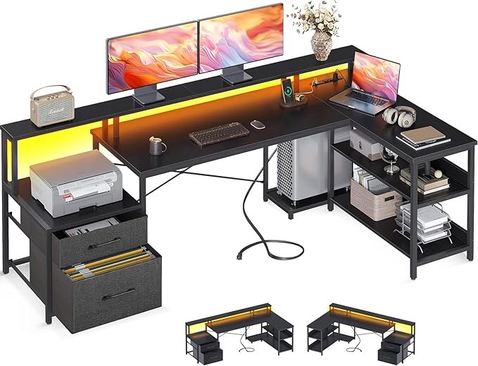 ODK L Shaped Desk with File Drawer, 75" Reversible L Shaped Computer Desk with Power Outlet & LED Strip, Office Desk with Storage Shelves, Gaming Desk with Monitor Shelf, Corner Desk, Black 75 Inch Black