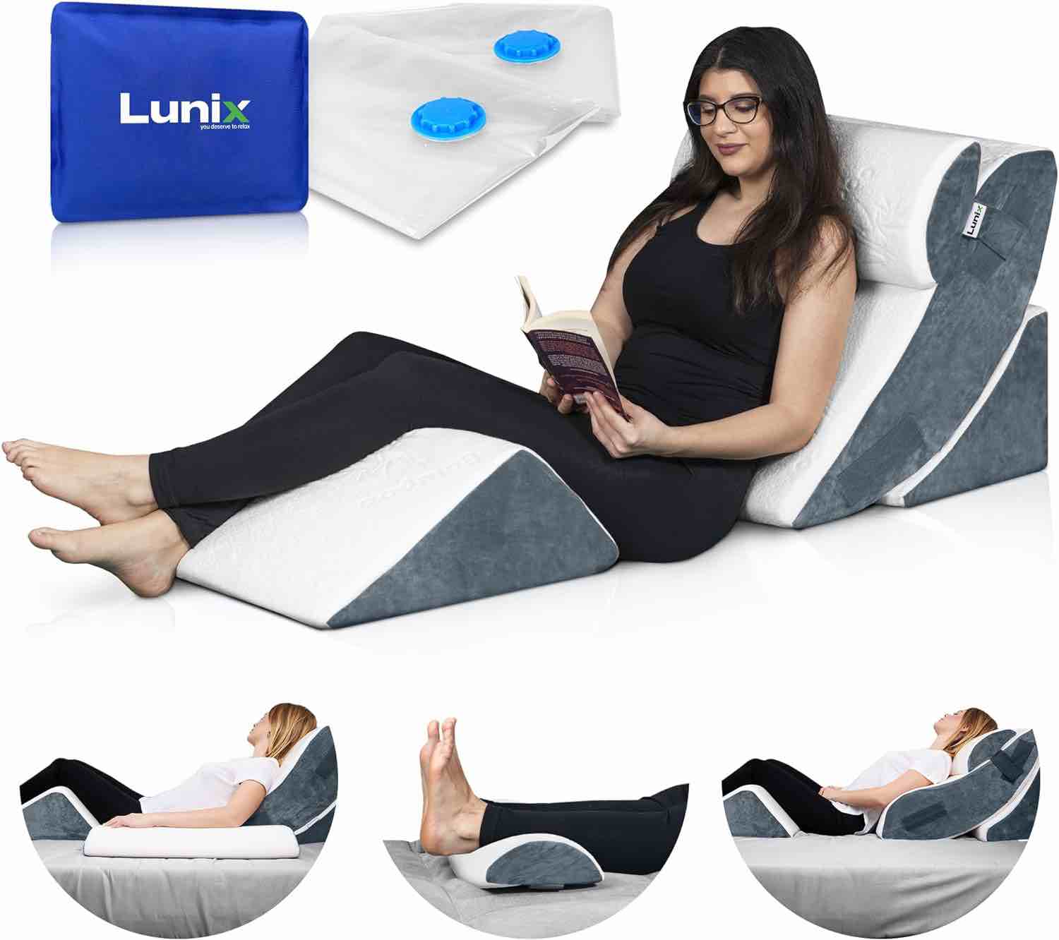 Lunix LX5 4pcs Orthopedic Bed Wedge Pillow Set, Post Surgery Memory Foam for Back, Neck and Leg Pain Relief, Sitting Pillow, Comfortable and Adjustable Pillows Acid Reflux and GERD for Sleeping 