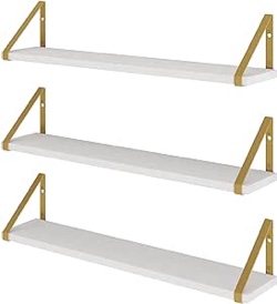 Wallniture Ponza White Floating Shelves for Wall, 24" Wall Shelves for Living Room Decor, Bedroom, Bathroom, Home Office Shelves with Gold Color Brackets