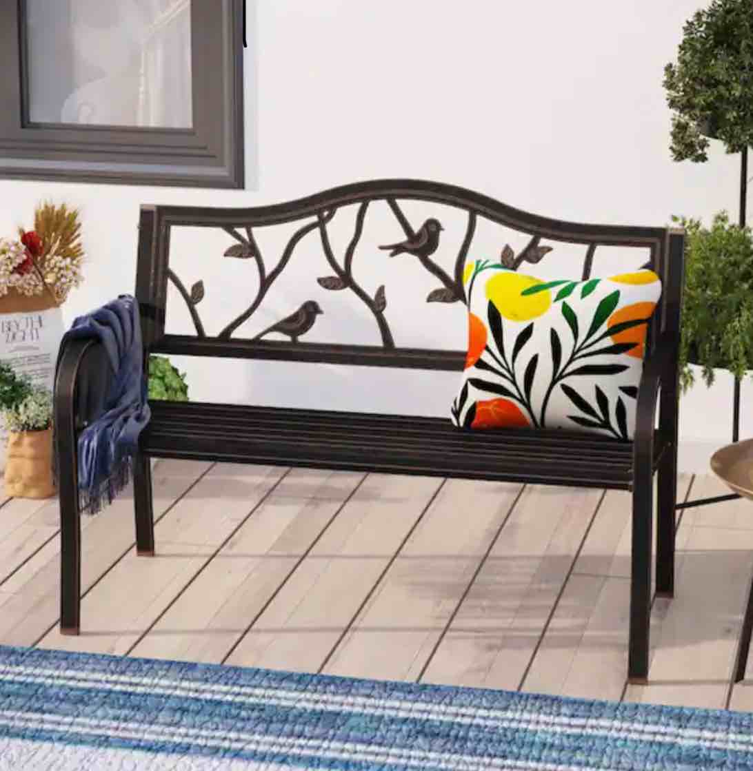 50 in. 2-Person in Antique Brass Metal Frame Garden Bench with Bird Pattern