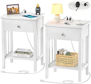 Homykic White Nightstand with Charging Station, Bamboo Nightstands Set of 2 with USB Ports and Outlets, Bedside Table End Table Side Table with Drawer and Storage Shelf for Bedroom, Easy to Assemble
