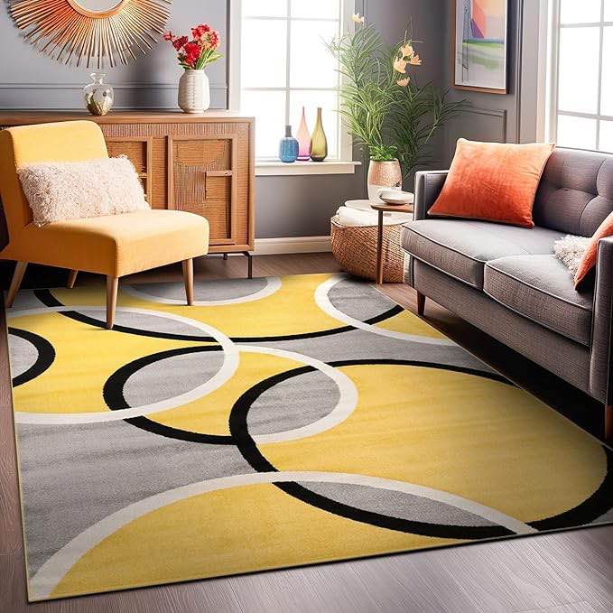 Rugshop Contemporary Abstract Circles Easy Maintenance for Home Office,Living Room,Bedroom,Kitchen Soft Area Rug 7'10" x 10'2" Yellow