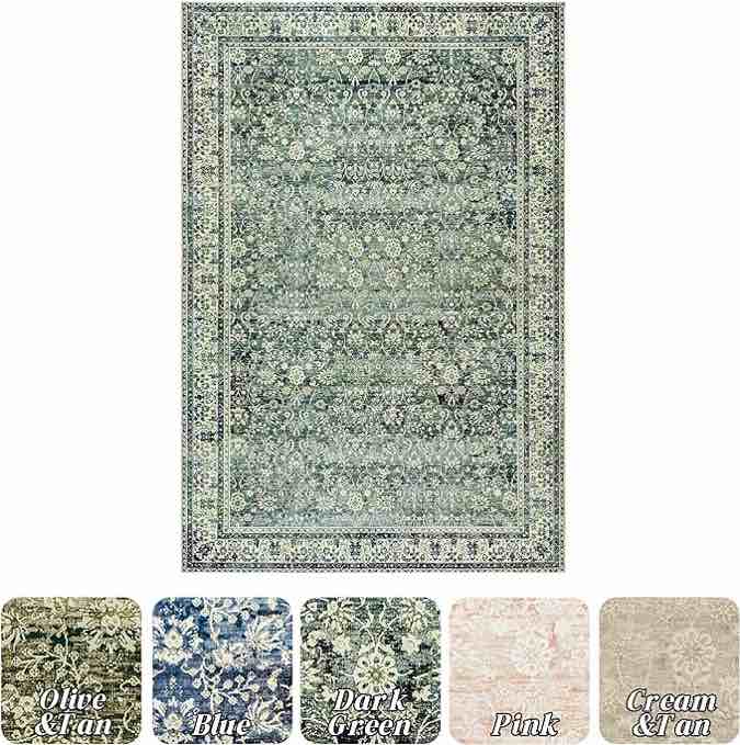Dark Emerald Green Area Rugs 8x10 for Living Room,Washable Faux Wool Moody Floral Boho Vintage Oriental Indoor Large Carpet for Bedroom Under Bed Dining Room Under Table