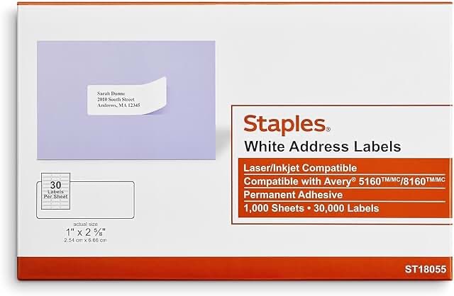 Staples Laser/Inkjet Address Labels, 1-Inch X 2 5/8-Inch, White, 30 Labels/Sheet, 60000/Carton (St18055-Ccvs)
