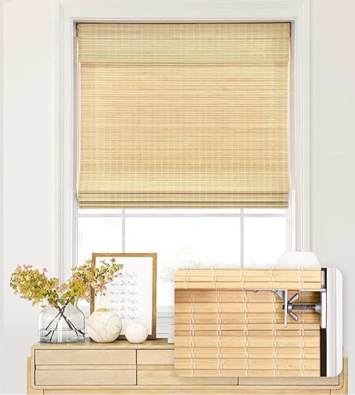 LazBlinds No Tools No Drill Cordless Bamboo Roman Shades, Privacy Window Treatment, Roll Up Bamboo Blinds for Window 30'' W x 64'' H, Natural