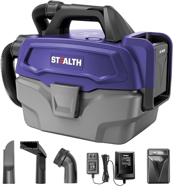 Stealth Wet/Dry Vacuum 2 Gallon,Shop Vacuum with 2000mA Battery,200W Car Vacuum with Blower, Cordless and Portable Wet Dry Vacuum for Home/Garage/Car,EMV053