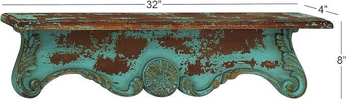 Deco 79 Wood Scroll 1 Shelf Wall Shelf, 32" x 4" x 8", Blue