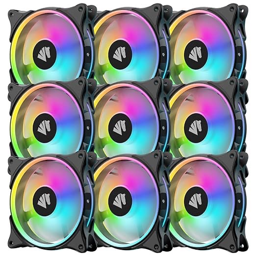 AsiaHorse FS-9002 Pro 120mm RGB Case Fan, 26 LED ARGB and Double LED Lingting Loops, 800-1800rpm Pwm Case Fan with 5V PWM Motherboard Sync/Analog Controller (Black, 9PACK)