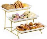 YOLIFE Tier Serving Stand with Porcelain Serving Platter Tier Serving Trays with Collapsible Sturdier Rack, Serving Dishes and Platters for Thanksgiving, Christmas, Entertaining, Gold, 12 Inch