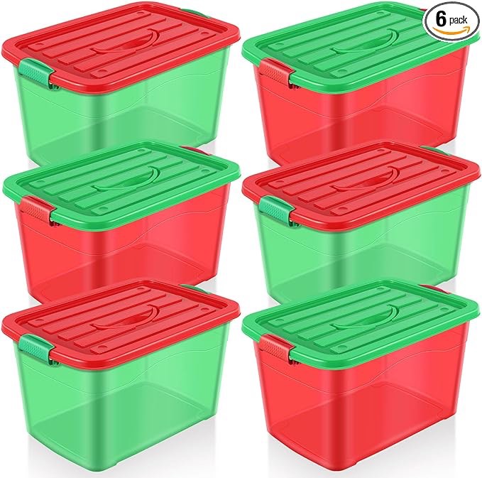 Abbylike 37 Quarts Christmas Storage Bin Holiday Seasonal Storage Totes with Lids Red Green Christmas Ornament Storage Containers for Christmas Home Organization Holiday Decoration(4 Packs)
