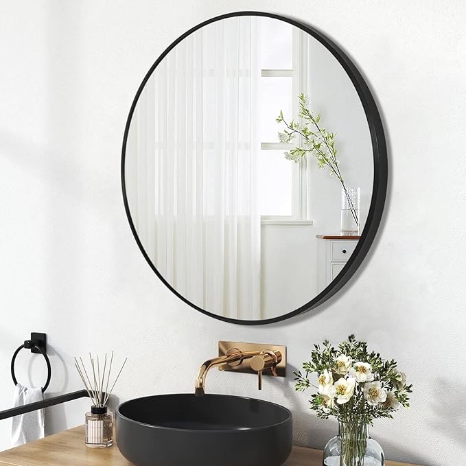 AMGNGALA Black Round Mirror 24 Inch, Round Wall Mirror, Black Bathroom Mirror for Wall, Circle Mirrors for Bathroom, Bedroom, Living Room, Vanity, Entryway, Washroom