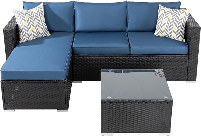 Shintenchi Outdoor Wicker Patio Sofa Set, Black All-Weather Rattan Small Sectional Patio Set and Chaise Lounge w/ Glass Coffee Table and Washable Couch Cushions Patio Conversation Set (3 Piece,Brown)
