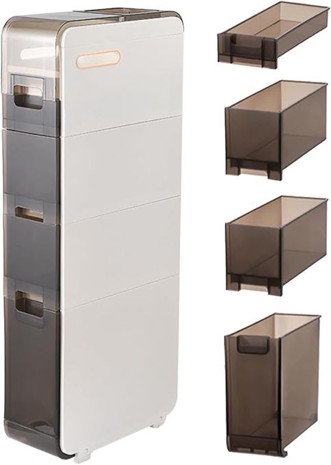Lozovin Slit Storage Cabinet for Bathroom 7.1â€³ Slim Narrow Floor Organizer with Drawers and Tissue Box 3-Tiers Plastic Waterproof Crevice Mobile Locker with Wheels for Kitchen Laundry Living Room Gap