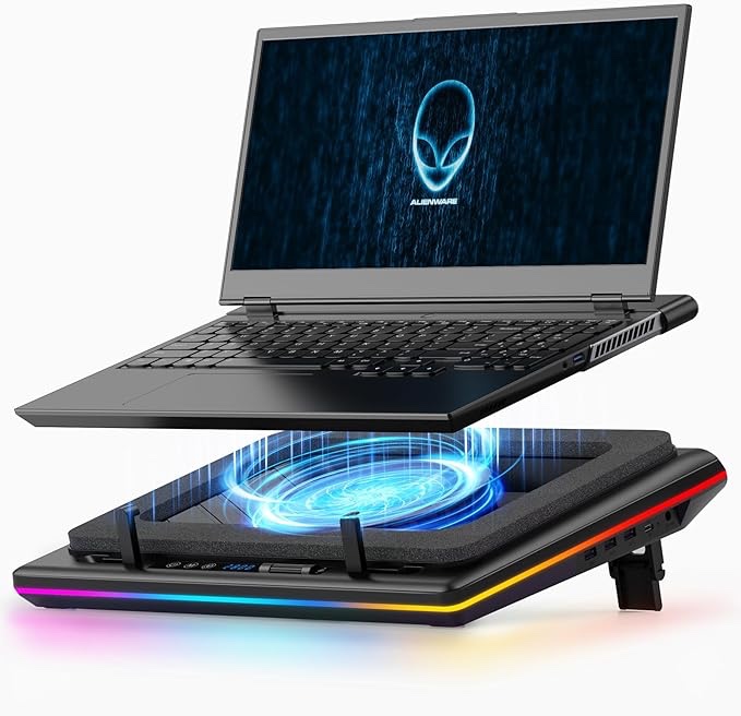 2023 New Gaming Laptop Cooling Pad with Powerful Turbofan, RGB Laptop Cooler Radiator with Infinitely Variable Speed, Touch Control, LCD Screen, 3-Port USB, Seal Foam for Rapid Cooling Laptop 15-19in