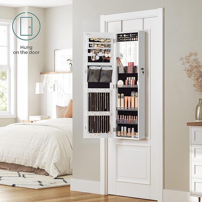 SONGMICS Jewelry Cabinet Armoire with Mirror, Wall/Door Mount Storage Organizer with Full-Length Frameless Mirror, Lockable Cabinet with Built-in Small Mirror, Shelves, Gift Idea, Brown UJJC003K01 with Built-in Mirror Brown