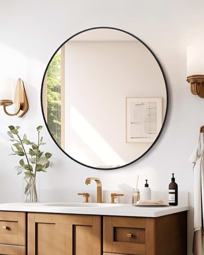 USHOWER 24" Brushed Gold Round Wall Mirror - Elegant Decor for Bathroom Vanity and Entryway with Premium Metal Frame