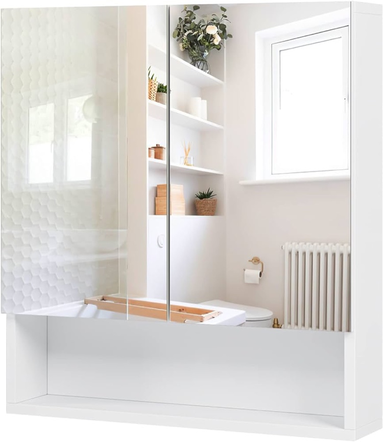 FOTOSOK Bathroom Wall Cabinet Medicine Cabinet, Wall Mounted Bathroom Mirror with Storage Mirror Cabinet with 2 Doors and Adjustable Shelf, Laundry Living Room, White